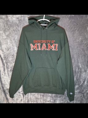 Champion Green University of Miami Pullover Hoodie with Orange Lettering
